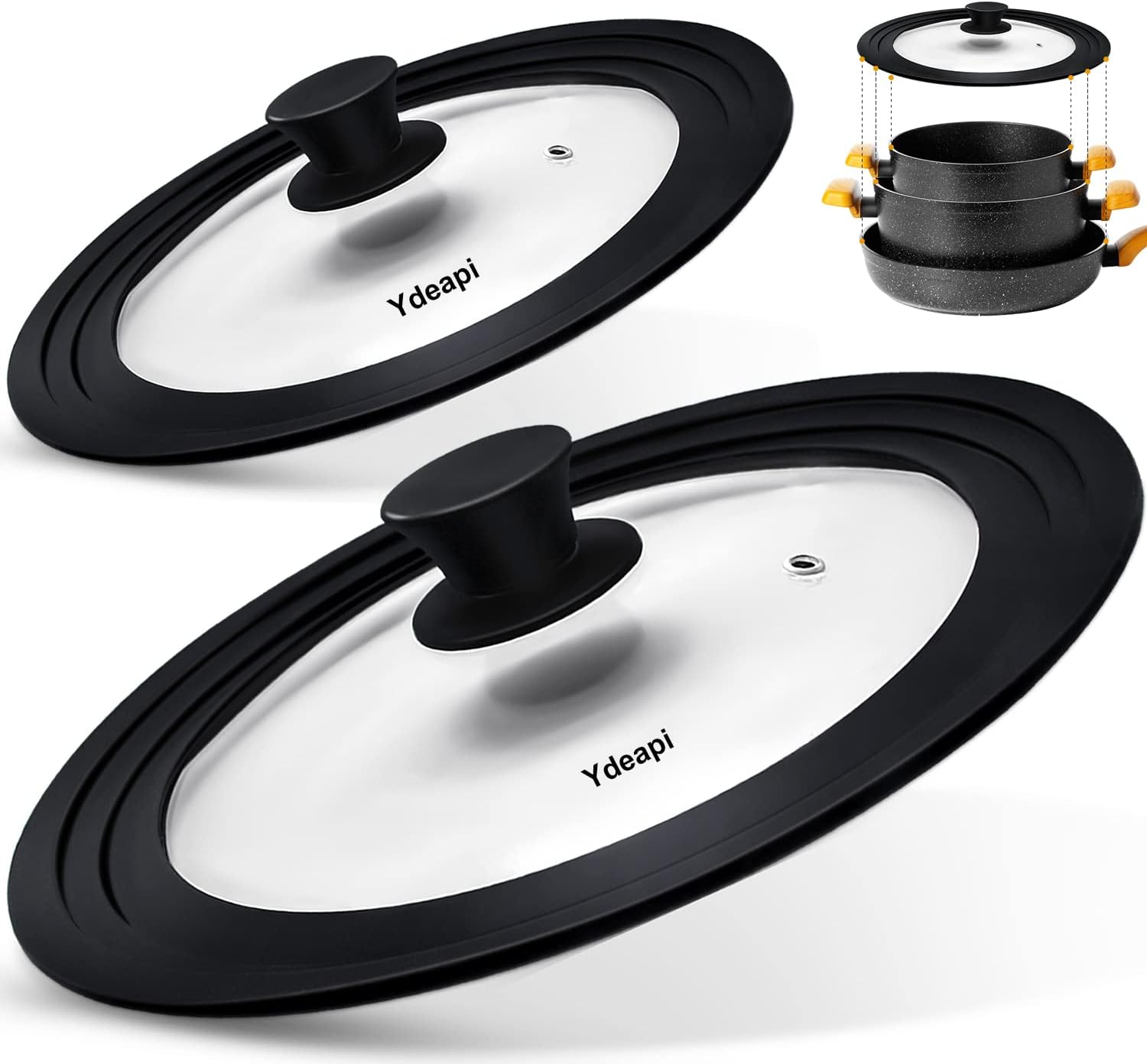 Universal Lids for Pots, Pans & Skillets - Fits 6.5", 7" & 8" Diameter, 9.5", 10" & 11" Diameter Cookware，Tempered Glass with High Heat Resistant Silicone Rim-2PK Cookware（2PK）