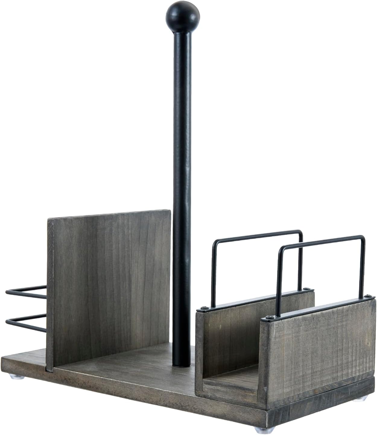 MyGift All-in-One Paper Towel Holder Kitchen Caddy, Vintage Gray Solid Wood and Industrial Matte Black Metal Dining Combo Rack with Paper Towel Dispenser, Napkin Holder, and Spice Rack