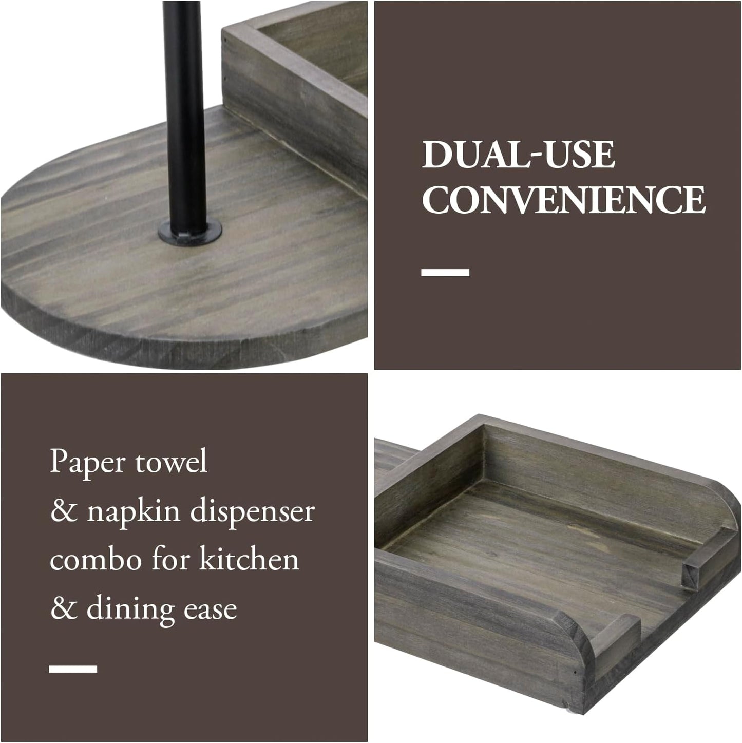 MyGift Vintage Weathered Gray Solid Wood and Black Metal Paper Towel Roll Holder and Napkin Dispenser Combination Storage Rack for Kitchen Counter or Dining Table