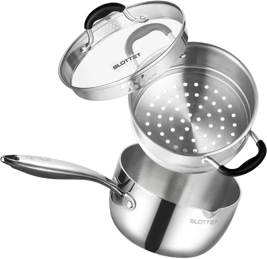Tri-Ply Full Body Stainless Steel Sauce Pan with Steamer,1.5 Quart Small Multipurpose Pasta Pot with Strainer Glass Lid, Saucepan with Pour Spout for Cooking Stay-cool Handle.