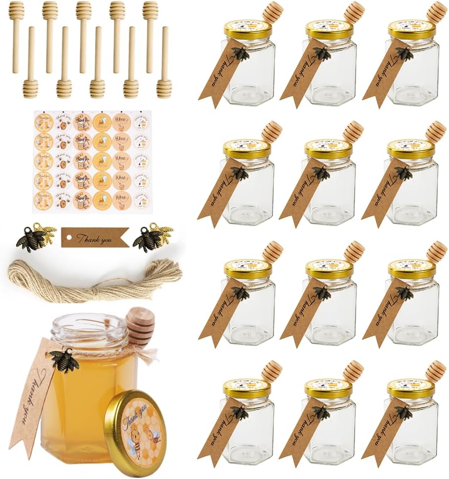 12 Pack 4oz Glass Hexagon Honey Jars Golden Lids - Extra Wooden Honey Dipper Sticks, Bee Charms, Tag String, Thank You Gift Tags, Stickers (Bronze 12 Sticker)