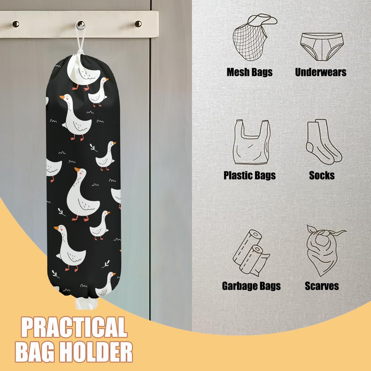Buck Plastic Bag Holder, Wall Mount Grocery Bag Holder, Plastic Storage bag, Pull Rope Free Adjustment, Plastic Bag Holders for Grocery Bags, Plastic Bag Dispenser for Home Kitchen
