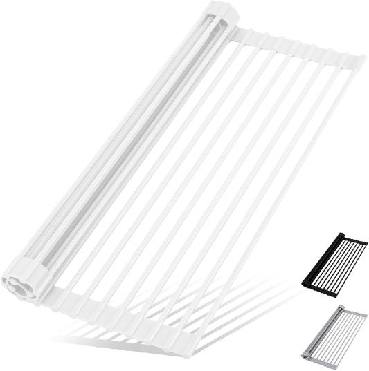 Roll Up Dish Drying Rack Over The Sink Kitchen Roll Up Sink Drying Rack Multipurpose Foldable Sink Drying Mat, Heat-Resistant, Anti-Slip & Anti-Rust Dish Rack for Kitchen, 17" x 13", White