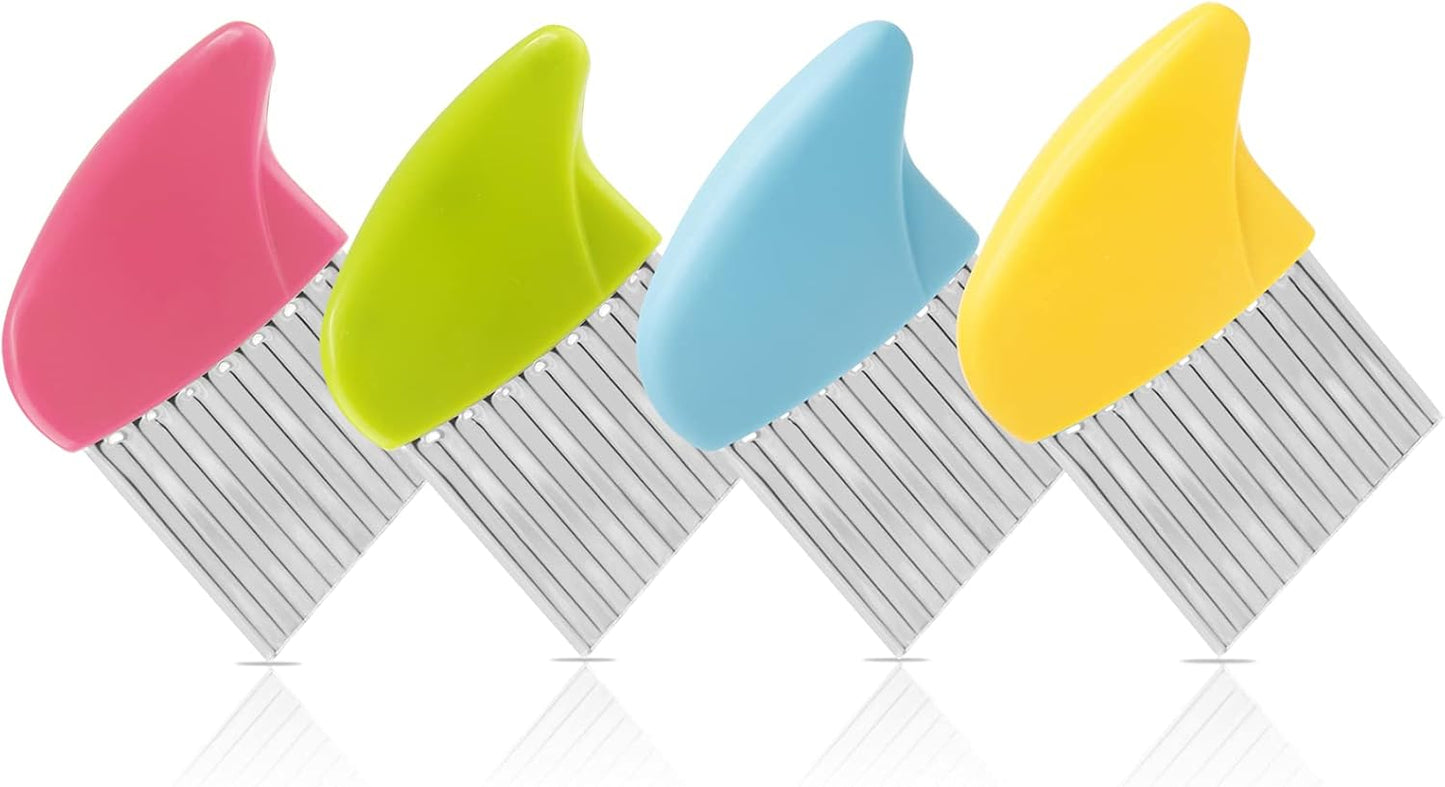 Luomorgo 4 Pack Stainless Steel Potato Crinkle Cutter Carrot Wavy Knife French Fry Slicer Vegetable Wavy Chopper, Green & Pink & Blue & Yellow