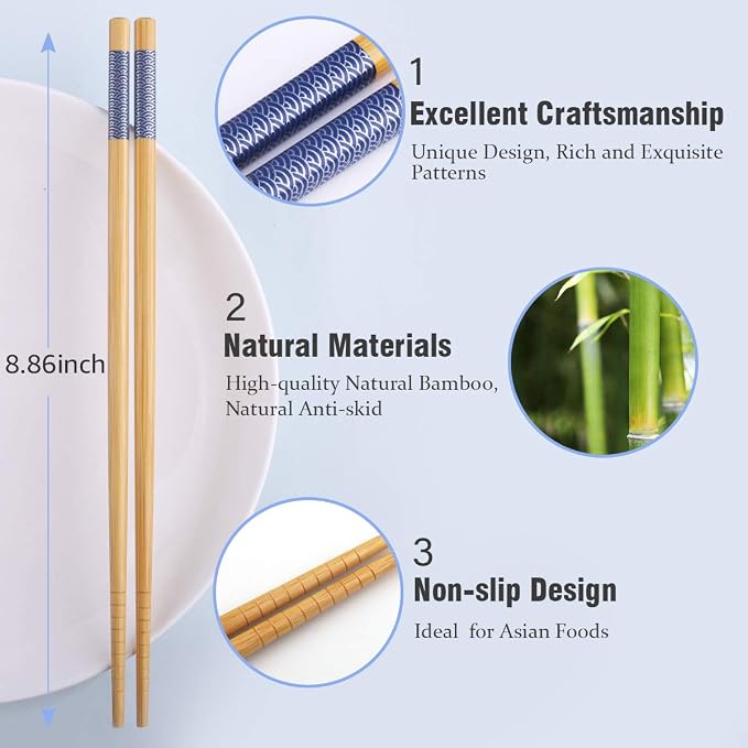 GLAMFIELDS Reusable Chopsticks Japanese Natural Bamboo Classic Style 5 Pairs - Image 2