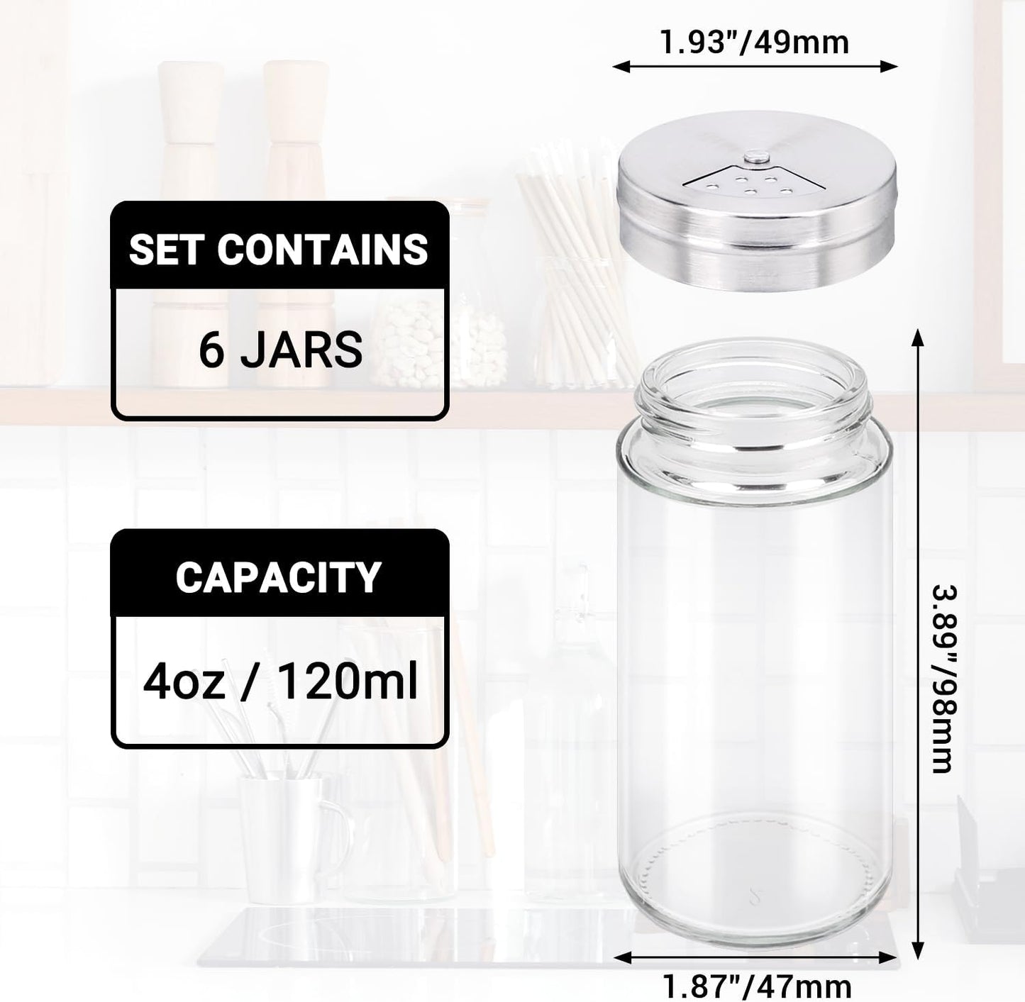 Segarty Spice Jars with Shaker Lids, 6 Pack 4 oz Glass Spice Bottles with Stainless Steel Lid, Glass Empty Seasoning Containers with Adjustable Pour Holes Spice Powder Storage Bottle Pepper Shakers