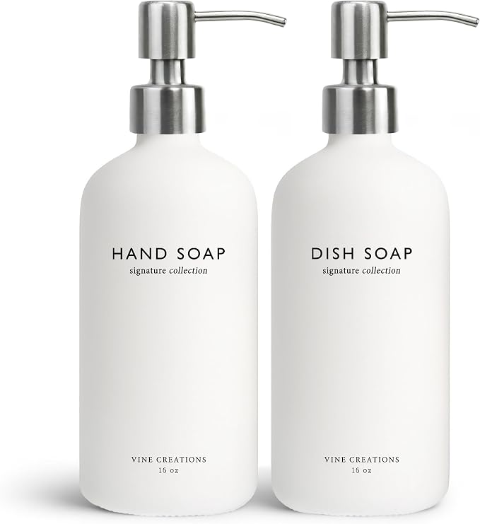 Vine Creations White Glass Soap Dispenser Set, Dish Soap and Hand Soap by VineCreations