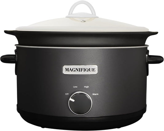 Magnifique 5 Quart Slow Cooker Round Manual Pot Food Warmer with 3 Cooking Settings Perfect Kitchen Small Appliance for Family Dinners (Stainless Steel Black and Black Ceramic Pot)