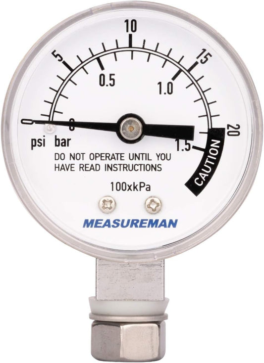 MEASUREMAN Stainless Steel Pressure Cooker Gauge, Pressure Canner Gauge, Steam Pressure Gauge, 2" Dial, Lower Mount, Including Gasket, Washer and Nut