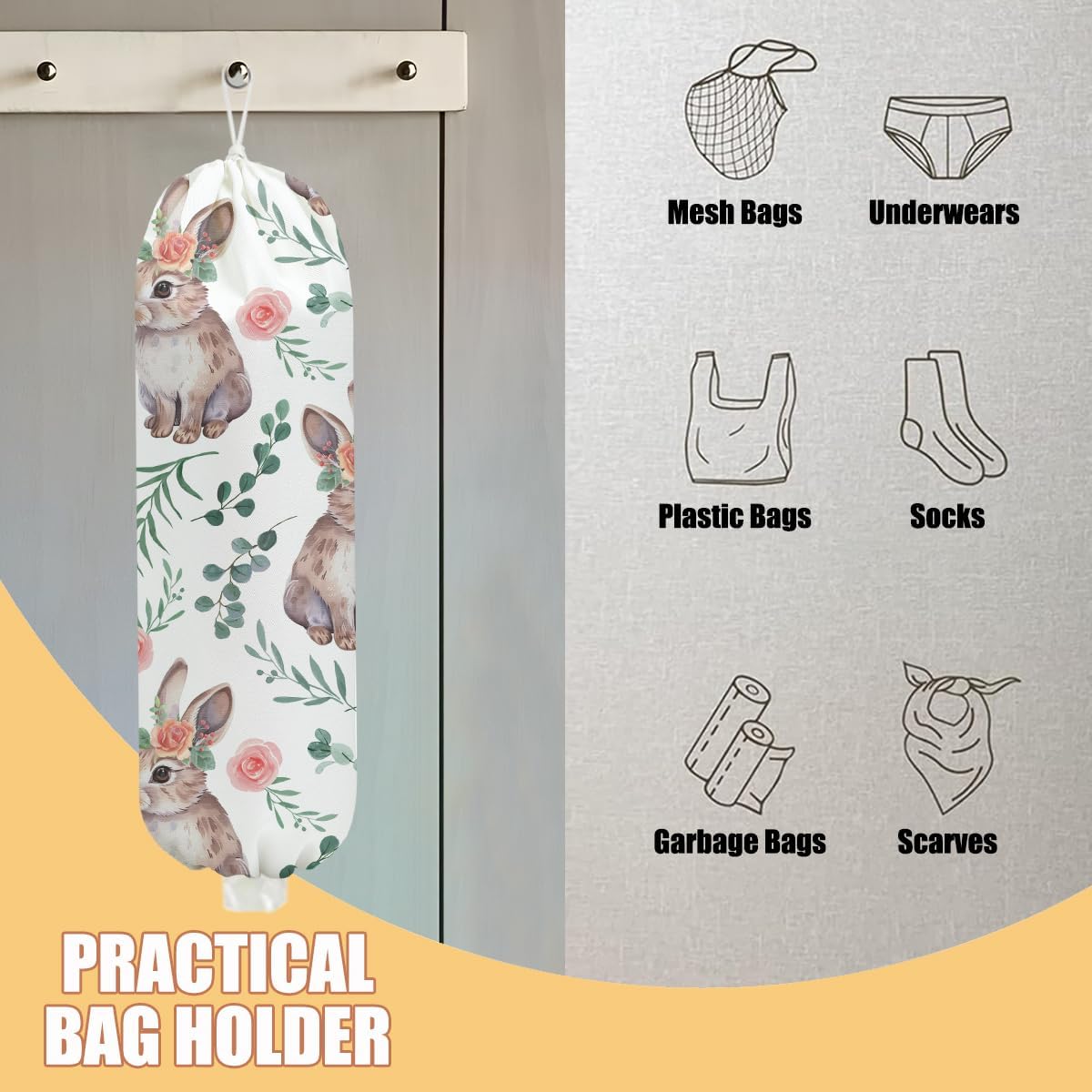 Rabbit Bunny Plastic Bag Holder, Wall Mount Grocery Bag Holder, Plastic Storage bag, Pull Rope Free Adjustment, Plastic Bag Holders for Grocery Bags, Plastic Bag Dispenser for Home Kitchen Camping