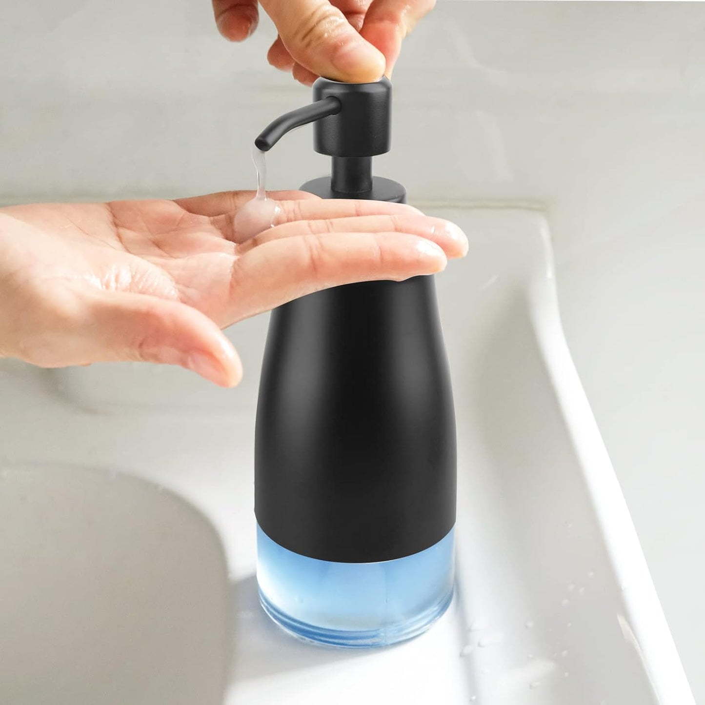 Dish Soap Dispenser with Stickers, 2 Pack Kitchen Dish Refillable Liquid Dispensers, Stainless Steel Case Glass Liner Soap Dispenser for Bathroom Kitchen, Matte Black (10 OZ./ 300ML)