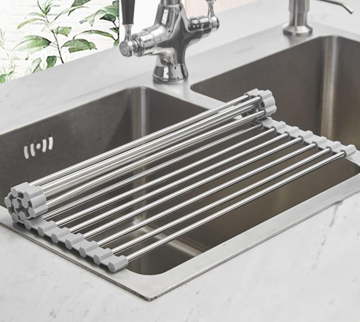 Ahyuan Roll up Dish Drying Rack Over The Sink Kitchen Roll up Sink Drying Rack Portable Dish Drainer Foldable Dish Drying Rack (Warm Gray, 17.8''X11.8'')