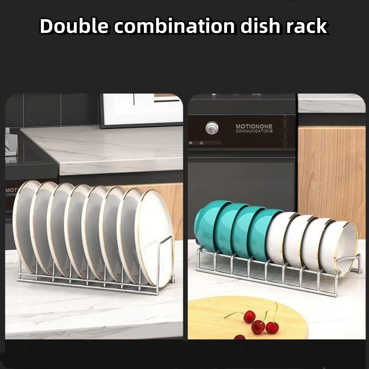 Dish Rack Plates Holder 2 Pack set, Plate organizer for cabinet space saver, Pan lid organizer, Kitchen Storage Cabinet Organizer for Plates/bowls/cups/lids/cutting boards/spatulas