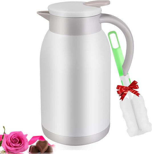 Stainless Steel Thermal Coffee Carafe Dispenser, 40oz Unbreakable Double Wall Vacuum Flask Large Capacity 1.2L Water Tea Pot Beverage Pitcher for Summer Cold Iced Coffee(White)