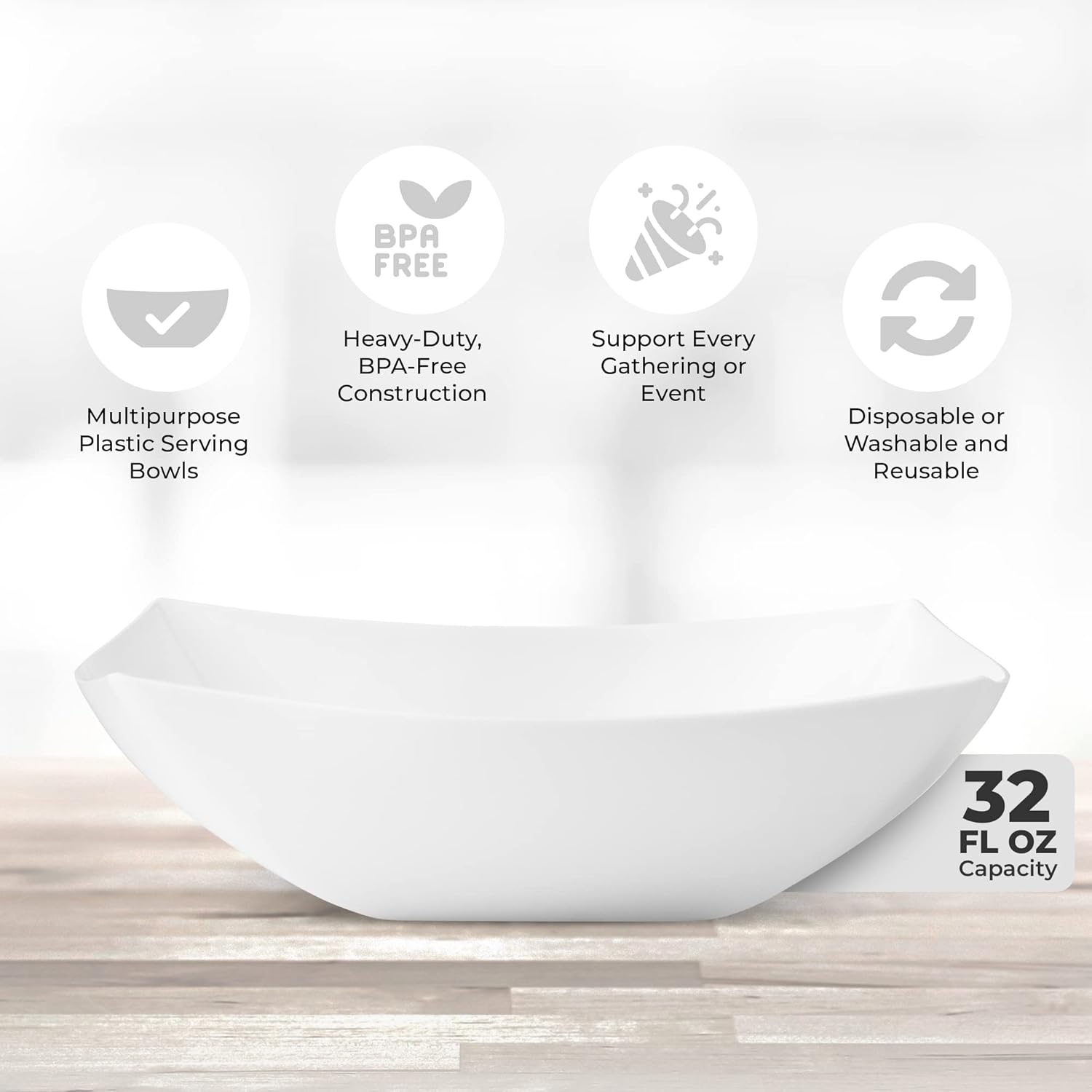 Posh Setting - White Plastic Serving Bowls for Party (32oz - 4 Pack) Square Bowls, Disposable Chip Bowls, Candy Bowls for Party Table, Salad & Fruit Bowls for Party, Candy Containers for Candy Buffet
