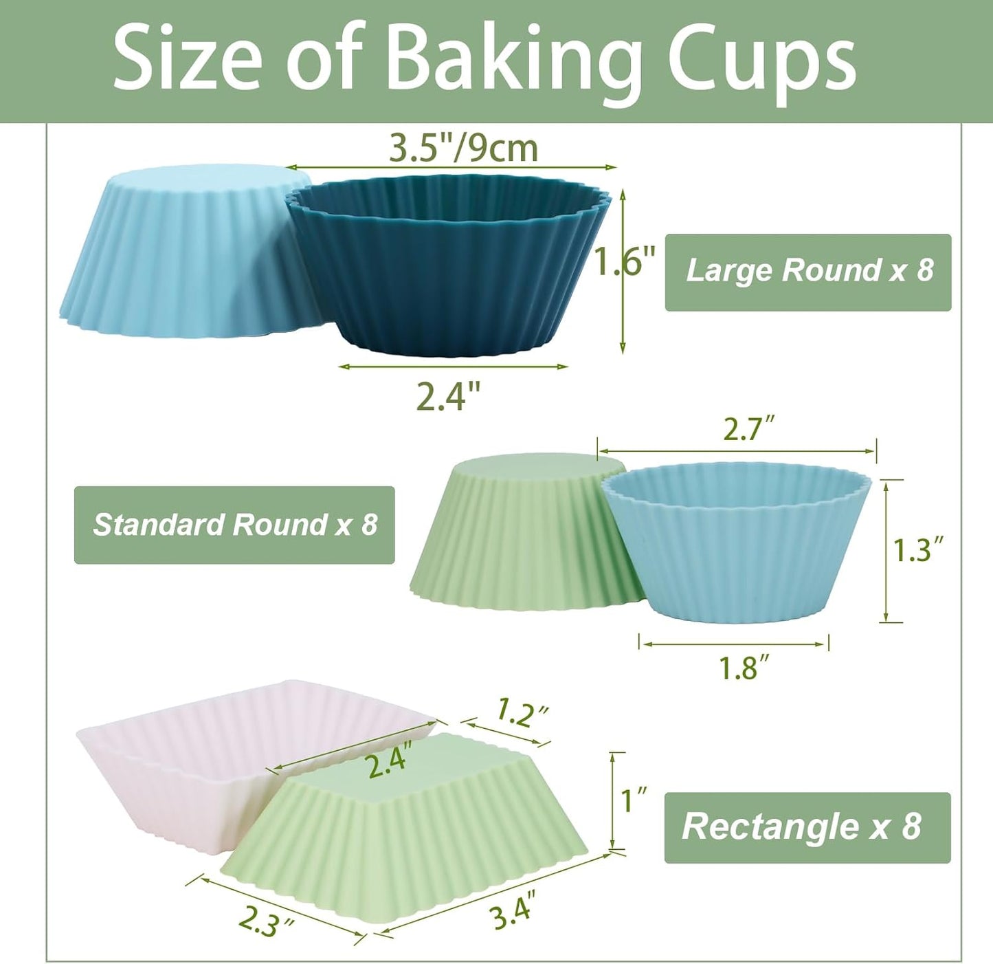 24Pack Silicone Muffin Cups, Reusable Cupcake Liners Molds for Baking, 3 Shapes Lunch Box Bento Dividers-Round, Square, and Rectangular (Neutral Colors, Large Size)