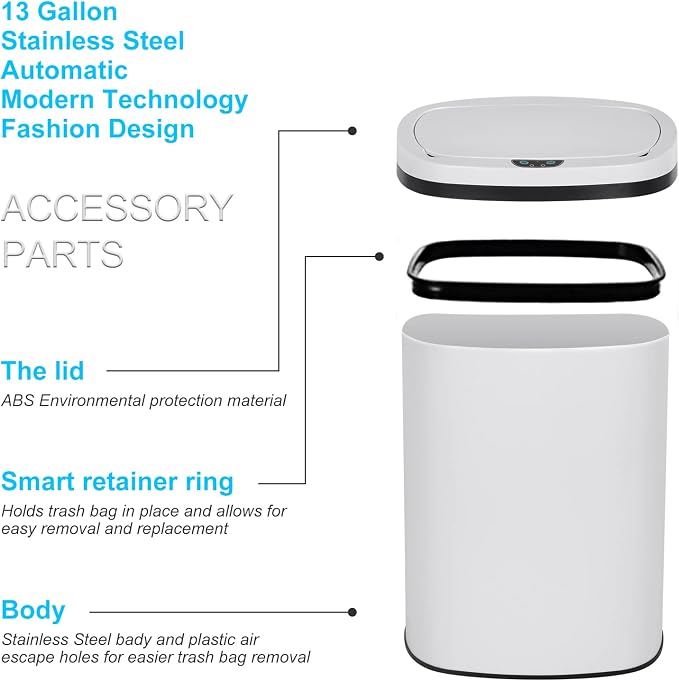 Bigacc 13 Gallon Touch Free Automatic Stainless Steel Trash Can Garbage Can - Image 5