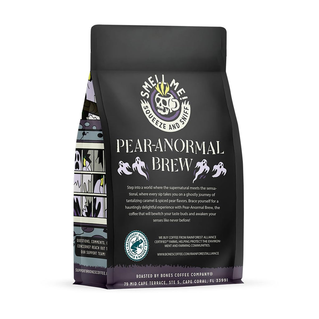Bones Coffee Company Pear-Anormal, Caramel and Spiced Pear Flavored Coffee, Medium Roast Low Acid Arabica Beans Compatible with Auto drip and French Press Coffee Maker, 12 Oz Whole Bean
