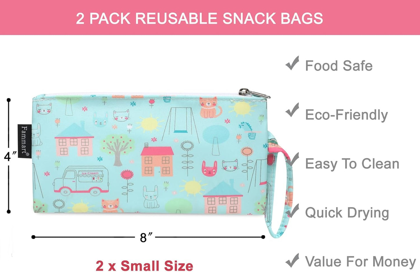 Reusable Sandwich Bag/Snack Bag for Kids & Adults, Dual Layer Lunch Bag with Handle, Washable, Food Safe, BPA Free (2-Pack, Colorful Cat)