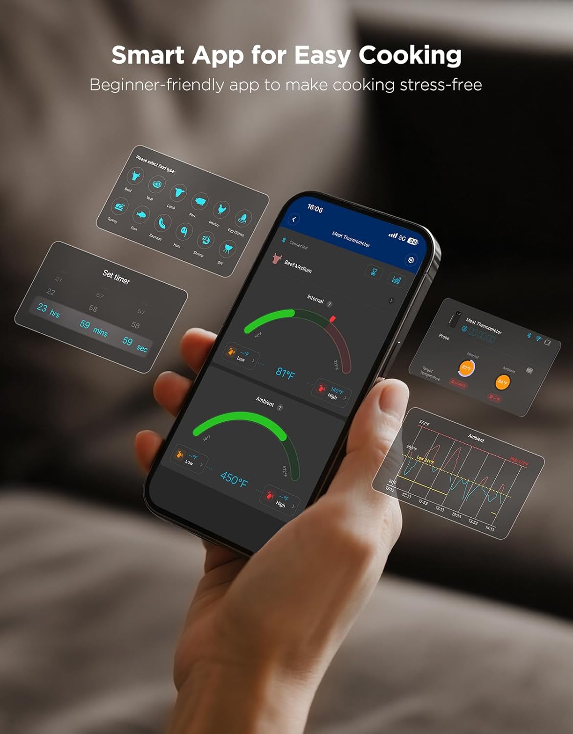 GoveeLife Wireless Meat Thermometer, 500FT Bluetooth Range Food Thermometer with Sensors, Instant Read, Standalone Display Base, IP68 Waterproof Real Time Monitoring Smart Alerts for BBQ, Grill, Oven
