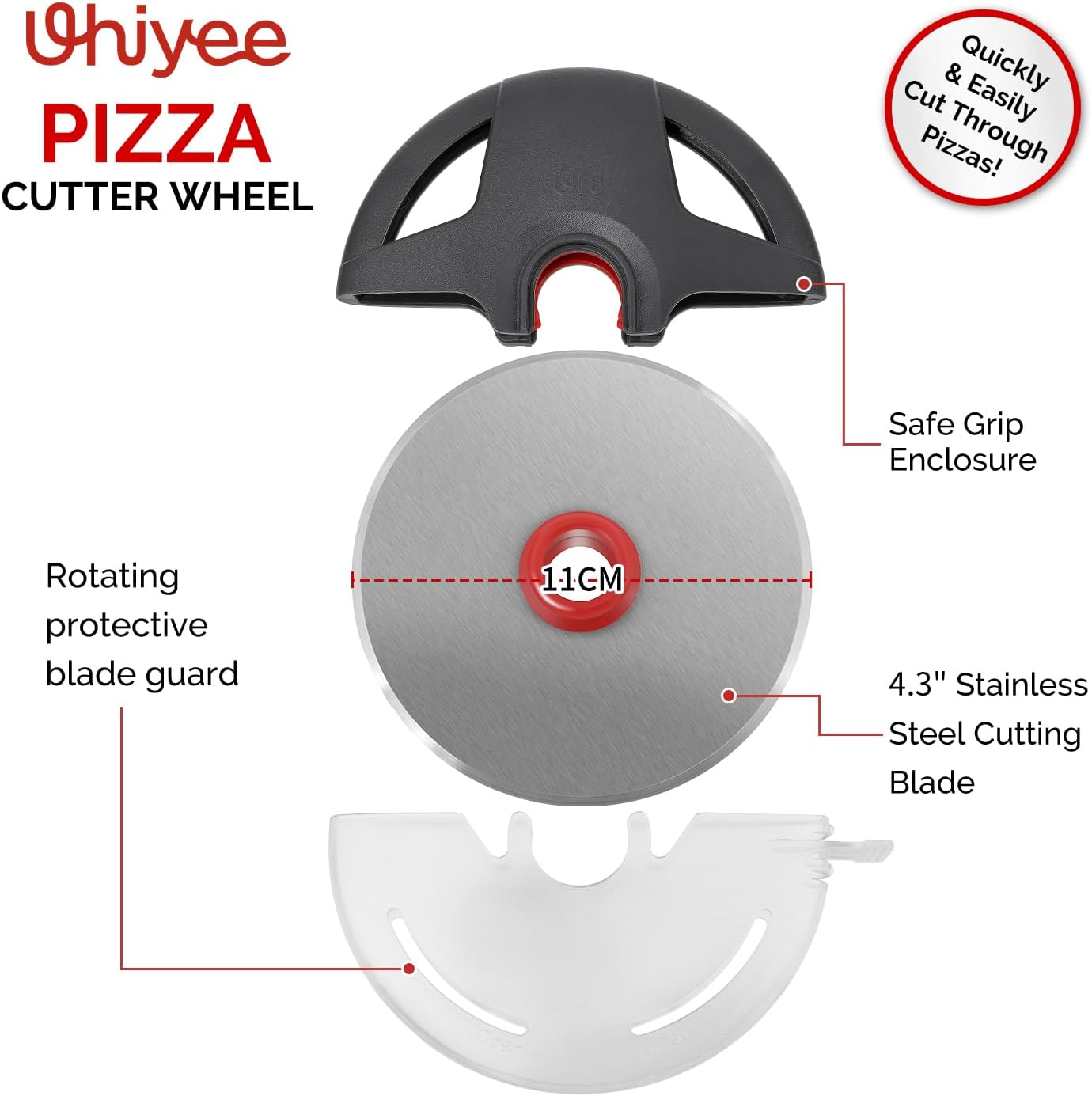 Pizza Cutter Wheel, UHIYEE 4.3" Large Pizza Slicer Wheel with Safety Blade Cover, Super Sharp Stainless Steel Pizza Wheel Slices Effortlessly, Easy Cleaning Pizza Cutters Dishwasher Safe, Gray