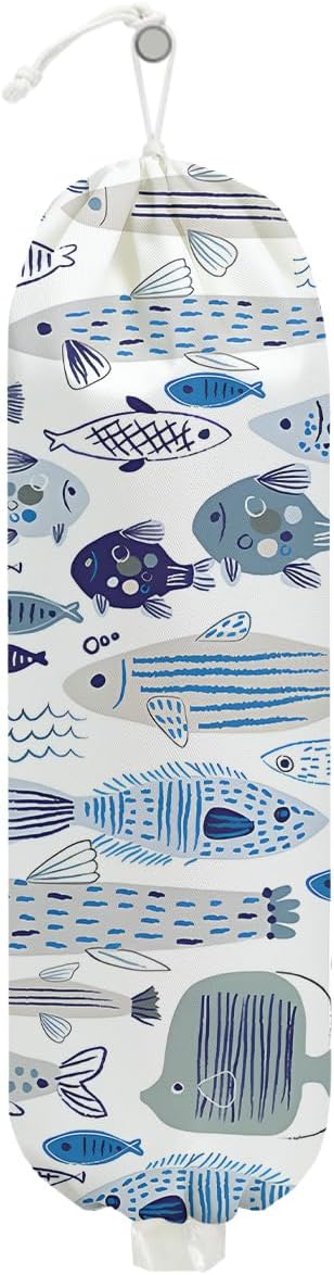 Fish Plastic Bag Holder, Wall Mount Grocery Bag Holder, Plastic Storage bag, Pull Rope Free Adjustment, Plastic Bag Holders for Grocery Bags, Plastic Bag Dispenser for Home Kitchen