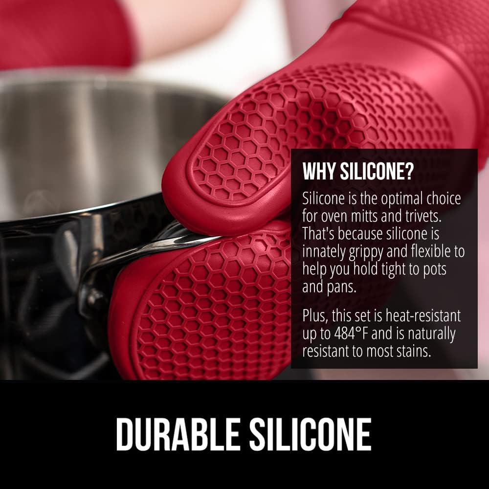 GORILLA GRIP BPA-Free Soft Silicone Oven Mitts and Pot Holders Sets of 4, Heat Resistant Waterproof Cooking Gloves, Thick Cotton Lining, Flexible Gripping for Baking Grilling, Kitchen Trivets, Red