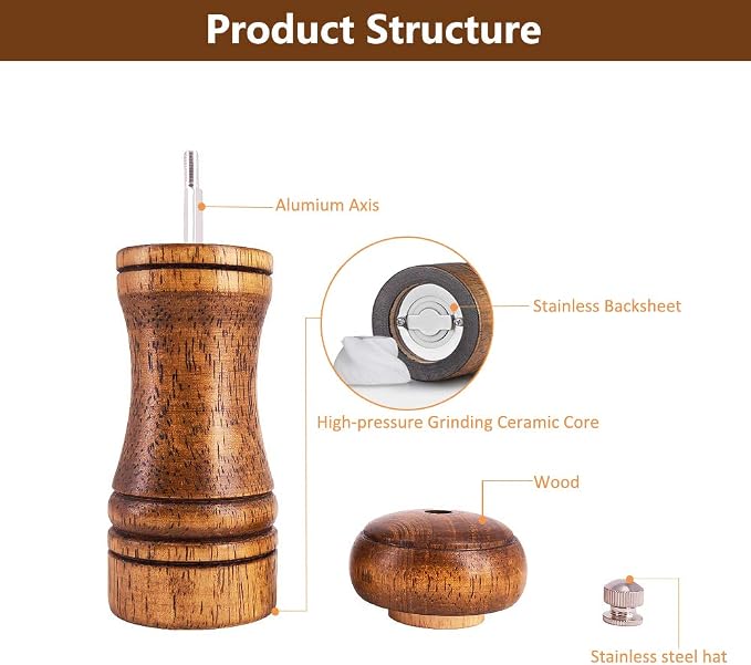 Salt and Pepper Grinders Set, Ouktor Manual Wooden Salt and Pepper Mills Shakers - Image 3