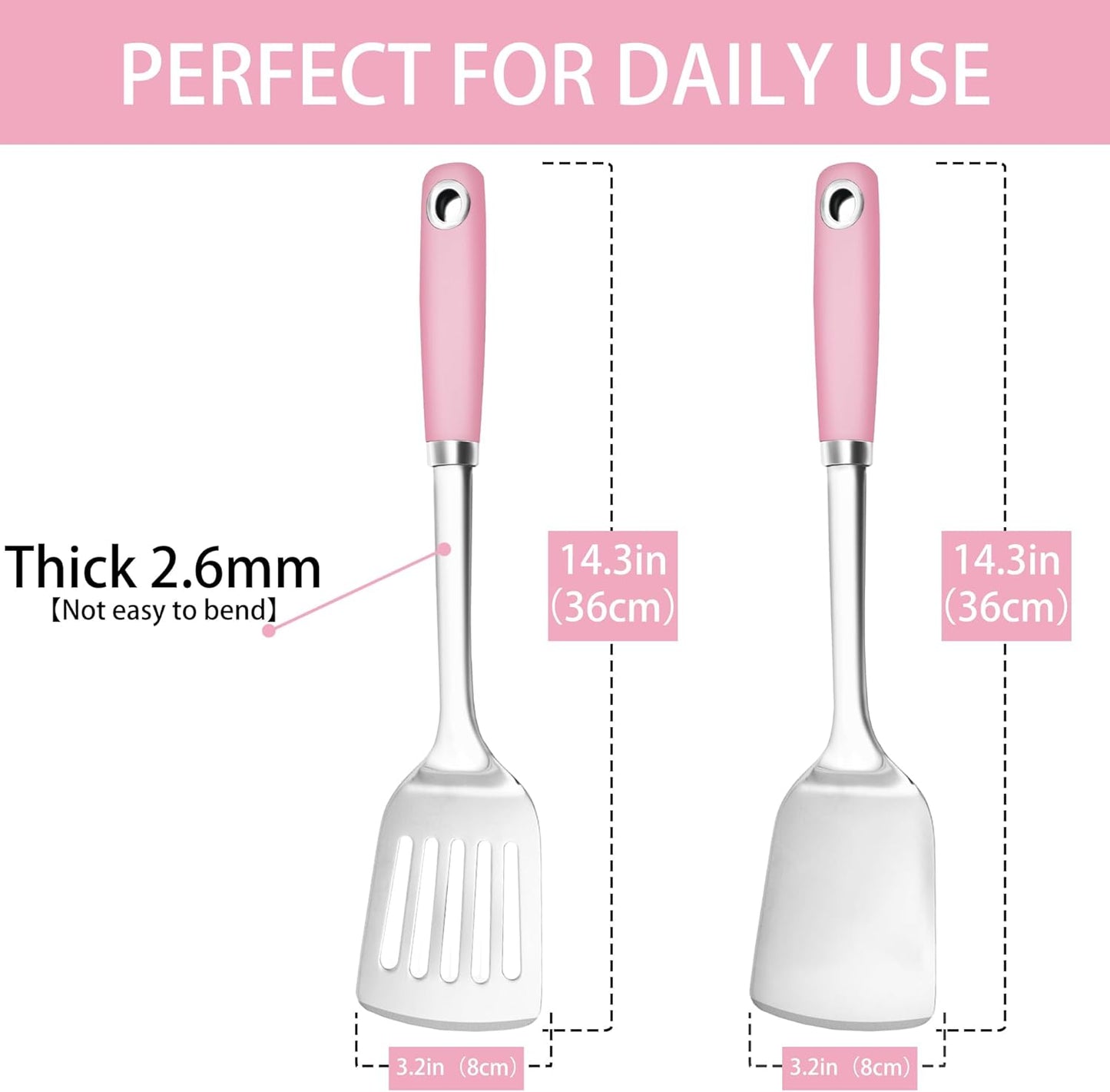 14.3-in Pink Spatula Set, 18/0 Stianless Steel Heavy Duty Turner & Slotted Spatula, Kitchen Cooking Utensils Set, High Heat Resistant, Grilling Frying Serving Food, Pack of 2