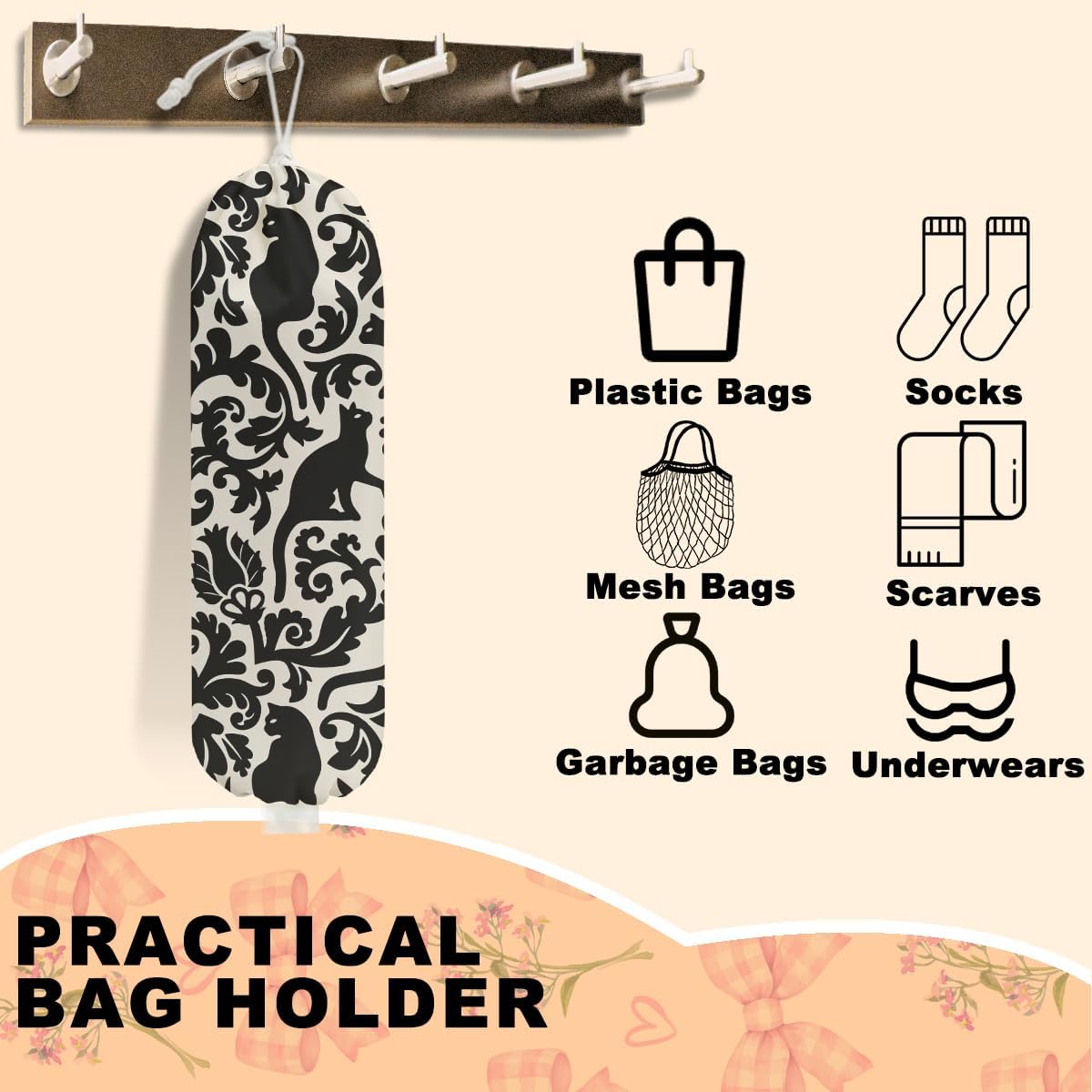 2Pcs Black White Floral Cat Plastic Bag Holder, Wall Mount Grocery Bag Holder for Plastic Bags, Mysterious Cats Reusable Grocery Bags Storage Dispenser for Home Kitchen Decor, Cat Lover Gifts