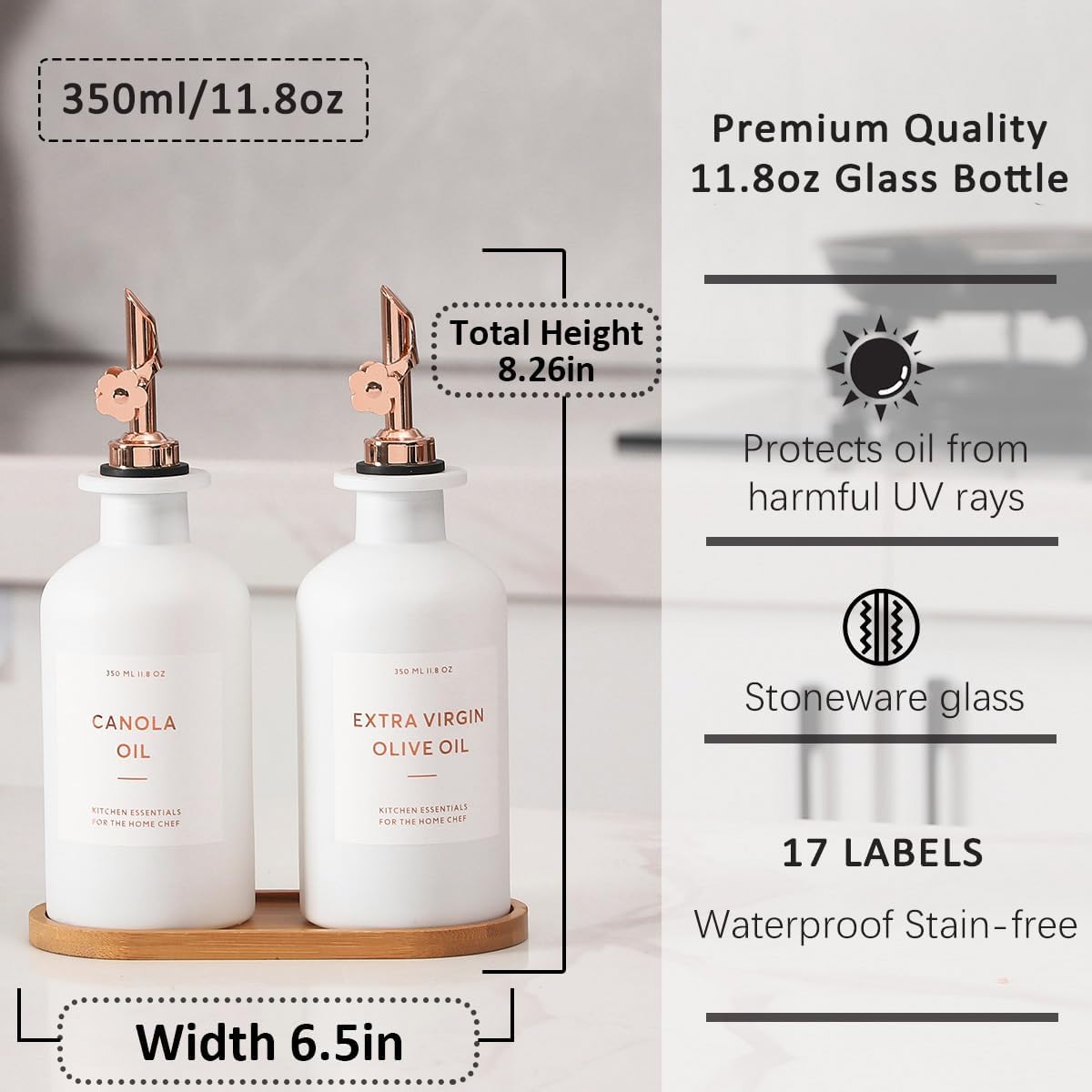 HOMCDALY Olive Oil Dispenser for Kitchen, 11.8oz Glass kitchen Dispenser Bottle, Rose Gold Oil&Vinegar Cruet Set, Leakproof Oil Containers for Cooking, Kitchen Decor | Set of 2 (11.8oz – Rose Gold)