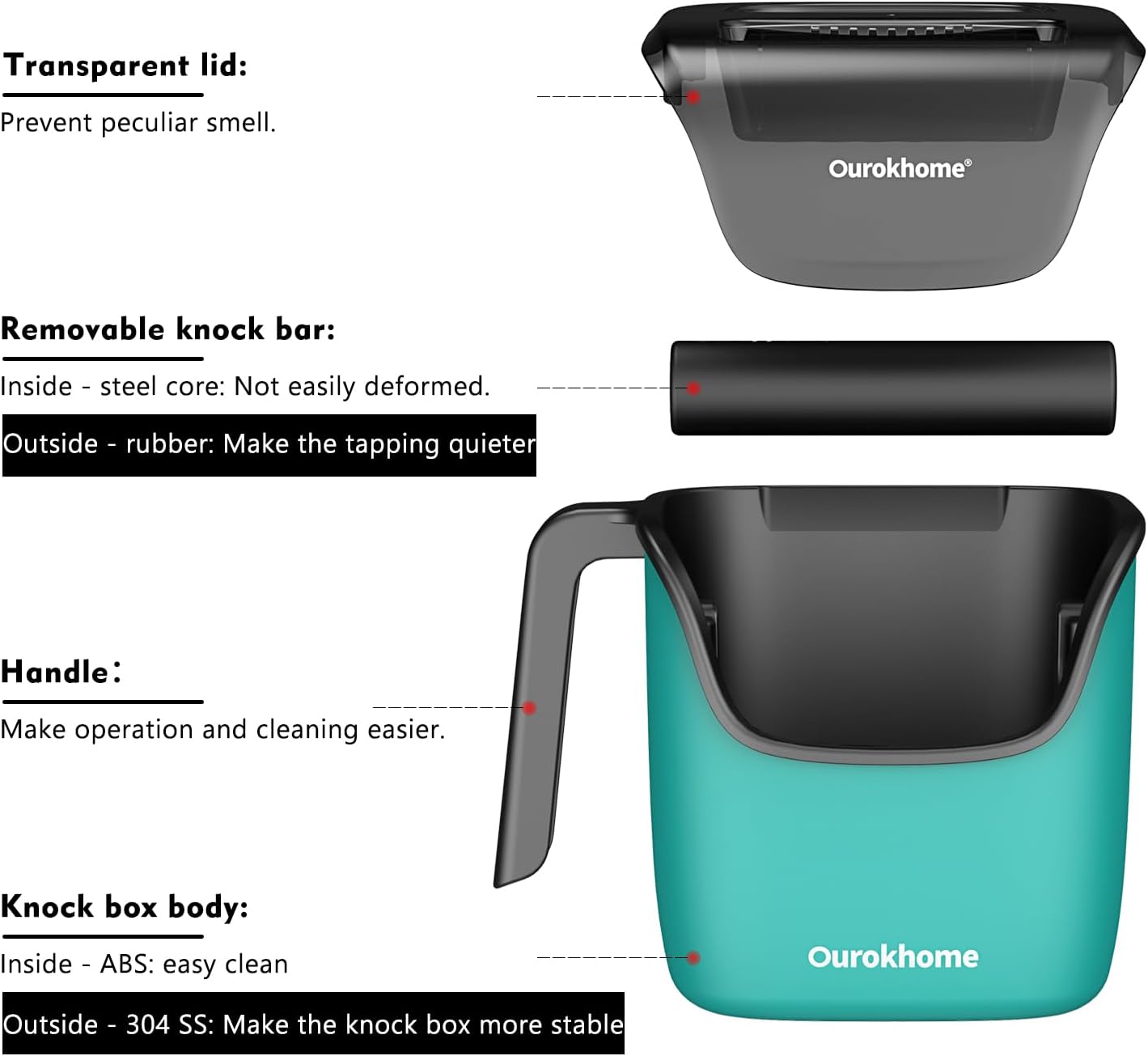 Ourokhome Knock Box Espresso Accessories, The Latest Patented Stainless Steel Espresso Machine Tool for Coffee Ground with Removable Knock Bar, Handle and Lid, Dishwasher safe, 4.8 inch (Mint)