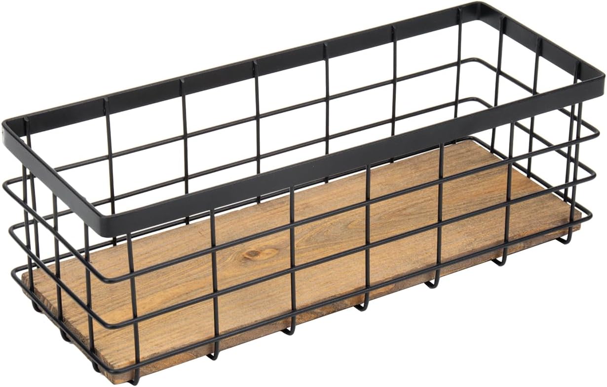 TIEYIPIN Farmhouse Small Metal Wire Storage Basket Bin, Rustic Home Storage Organizer with Wooden Bottom for Kitchen, Cabinets, Bathroom Counter, Pantry, Garage, Laundry Room - Black