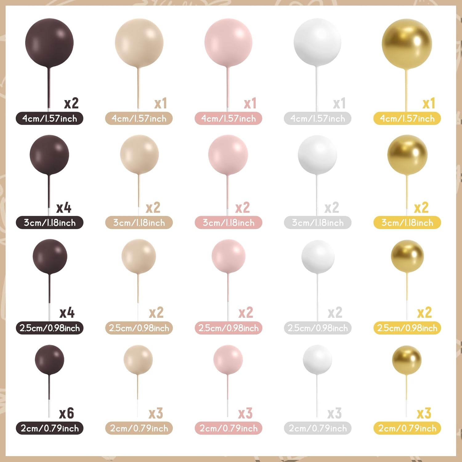 48 Pcs Balls Cake Topper Decorations Balloon Cupcake Toppers Foam Cake Topper Balls for Birthday Party Wedding Cake Decorating(Brown,White,Gold)