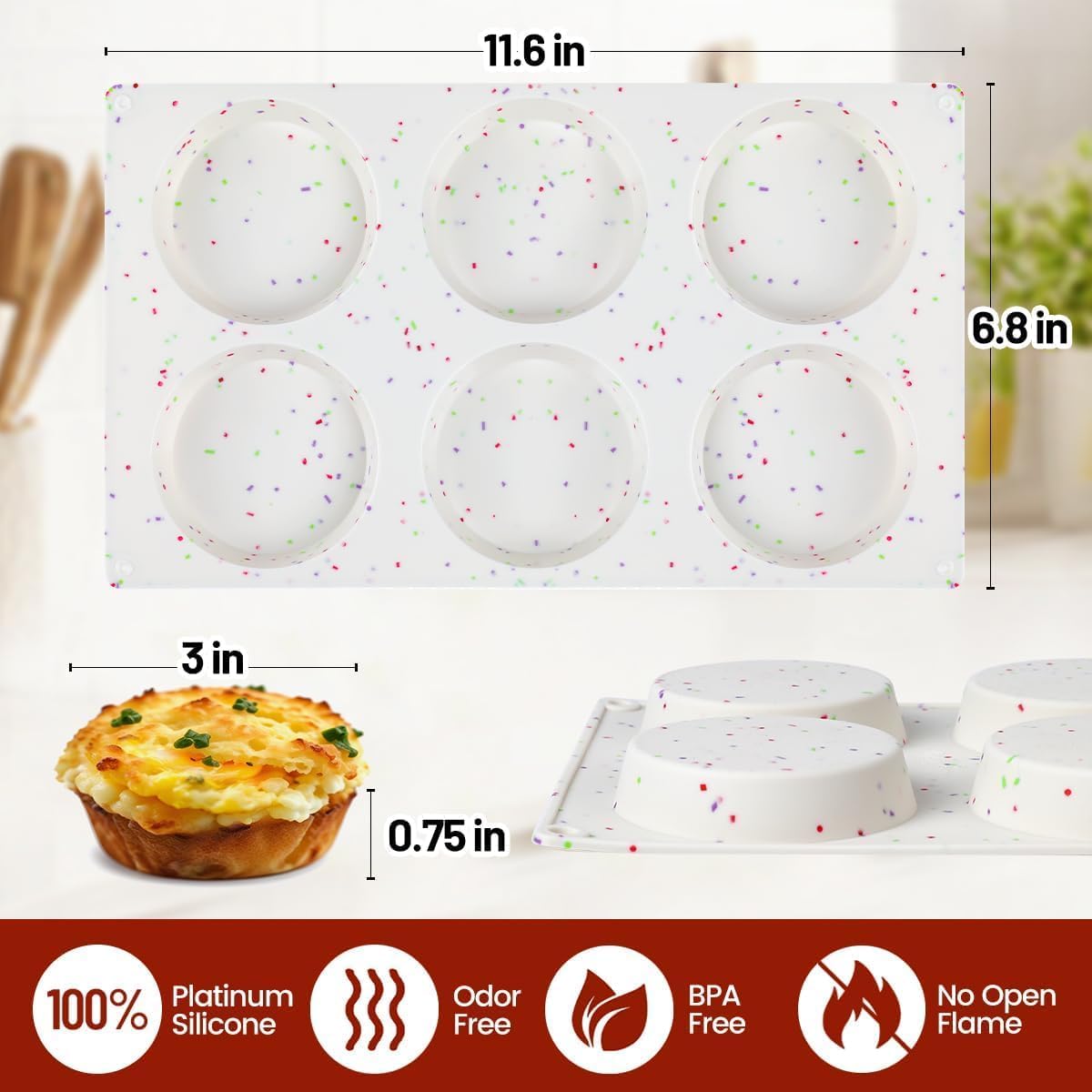 CAKETIME Muffin Top Pan, Silicone Egg Molds for Breakfast Sandwiches 3 Inch Round Baking Pan for Oven English Muffins, Whoopie Pies, Corn Bread, Egg bites, Tarts 3 Pack Confetti