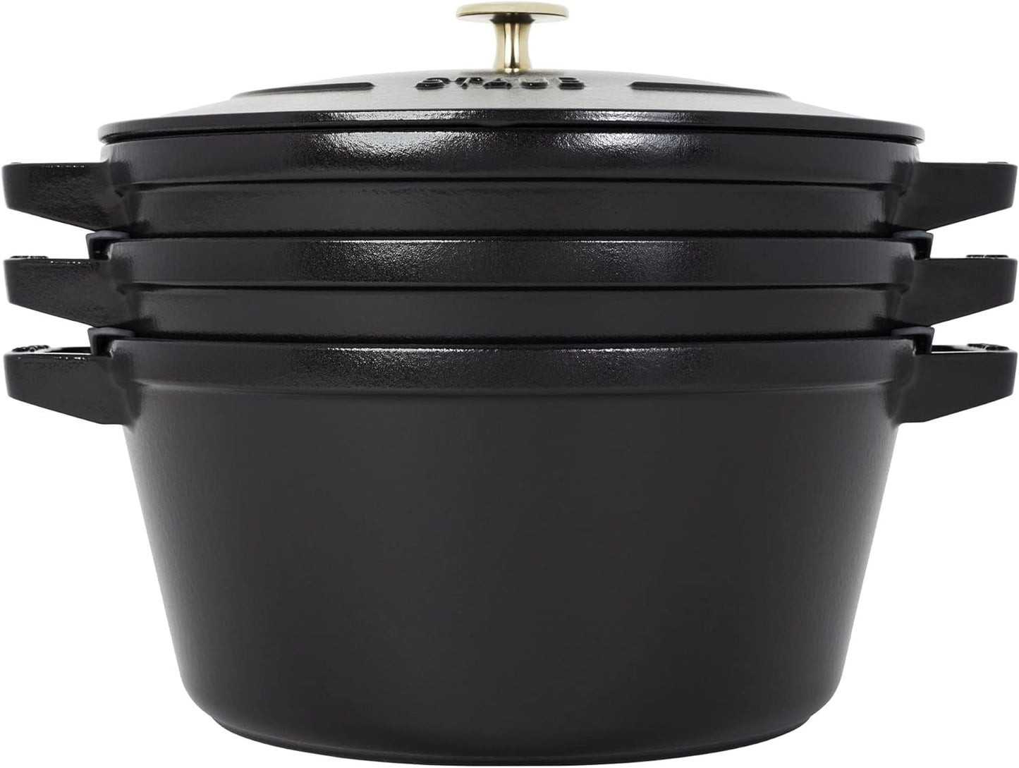 STAUB Cast Iron Set 4-pc, Stackable Space-Saving Cookware Set, Dutch Oven, Skillet, Grill Pan with Universal Lid, Made in France, Matte Black