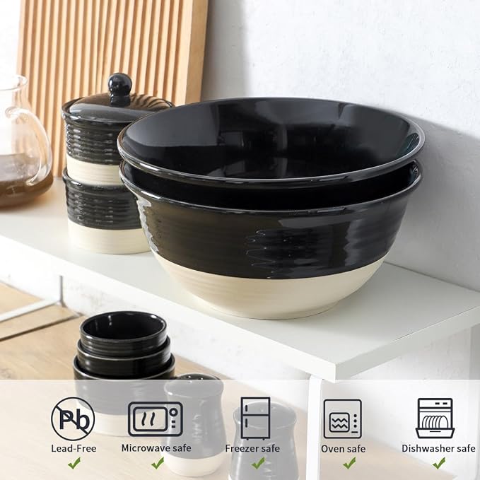 HASENSE Large Ceramic Serving Bowls Set of 2, 84 Oz 9 Inch Black & Beige - Image 6
