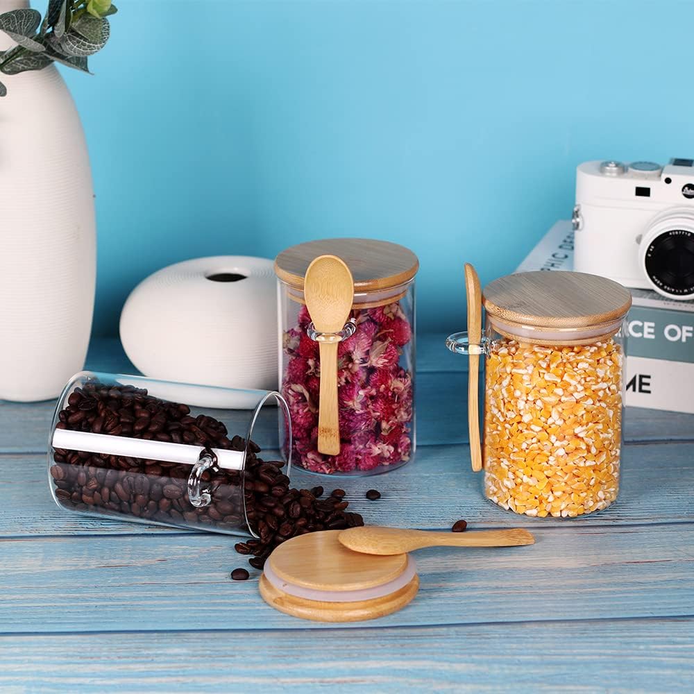 Glass Jar with Bamboo Lid and Spoon, 3 Pack 16 OZ Tea Containers for Loose Leaf Tea, Salt and Sugar Containers for Countertop, Yogurt Jars for Overnight Oatmeal