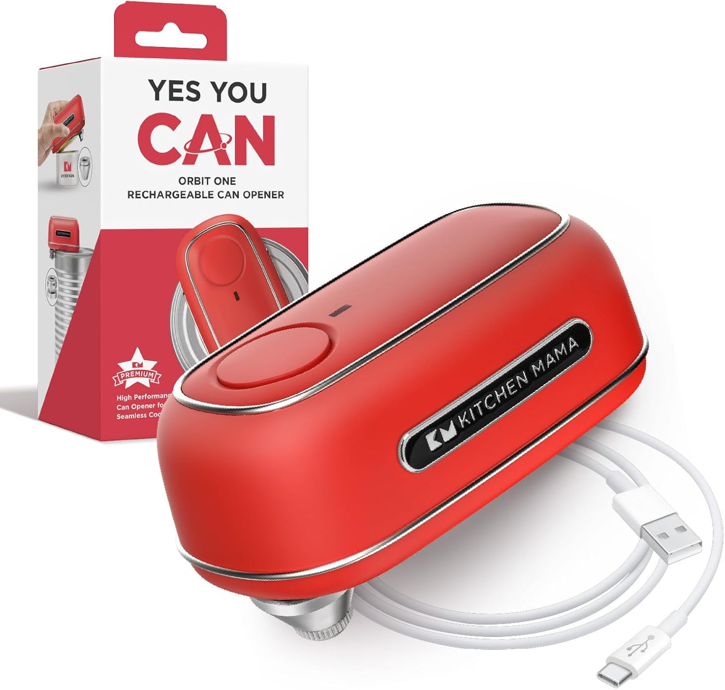 Kitchen Mama Orbit One Rechargeable Electric Can Opener: Hands-free, USB-C Charging, Automatic Stop, Smooth Edge, Safety, Blade for Large Cans, Heavy Duty, Soda Can and Pop Can, with Storage Box (Red)
