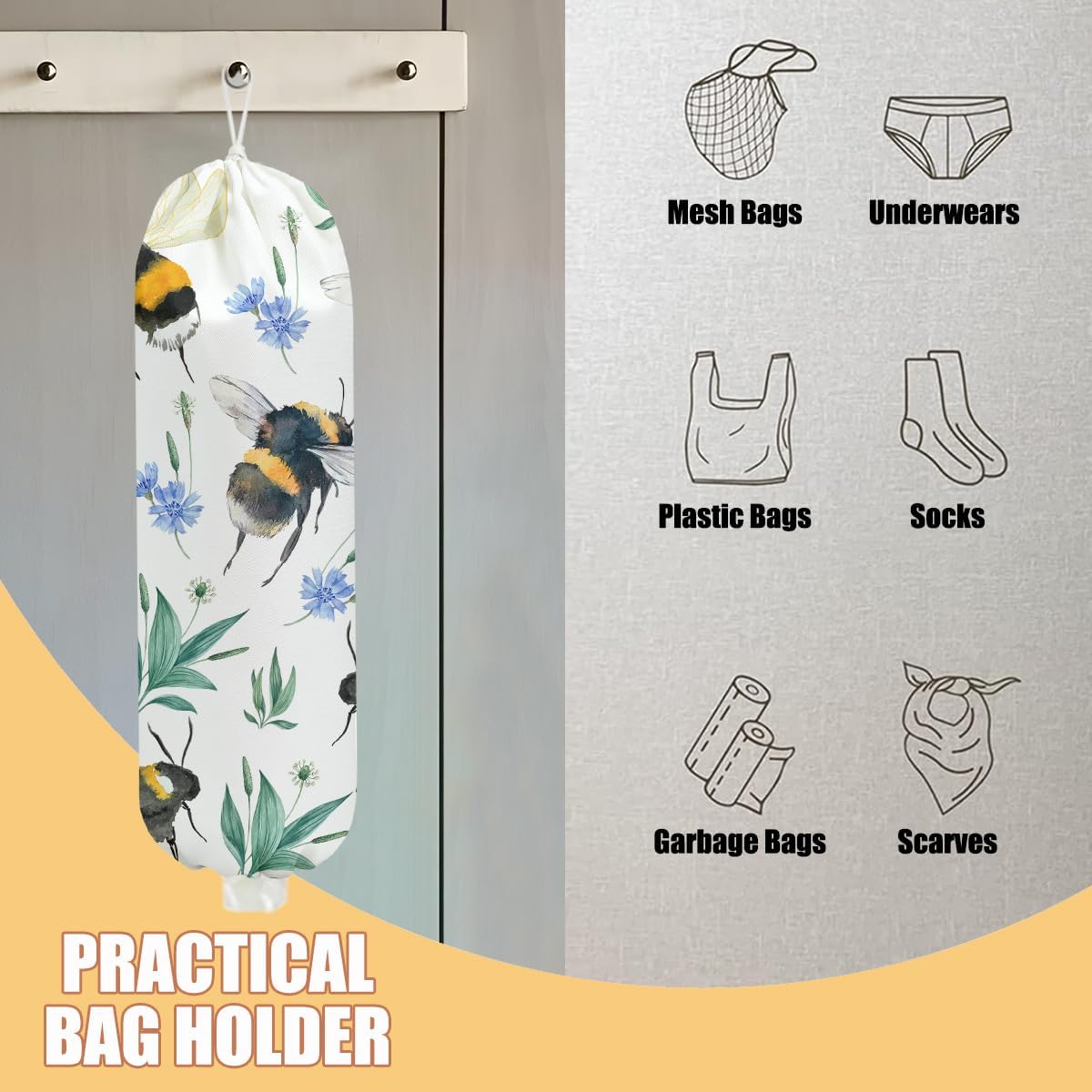 Bee Plastic Bag Holder, Wall Mount Grocery Bag Holder, Plastic Storage bag, Pull Rope Free Adjustment, Plastic Bag Holders for Grocery Bags, Plastic Bag Dispenser for Home Kitchen