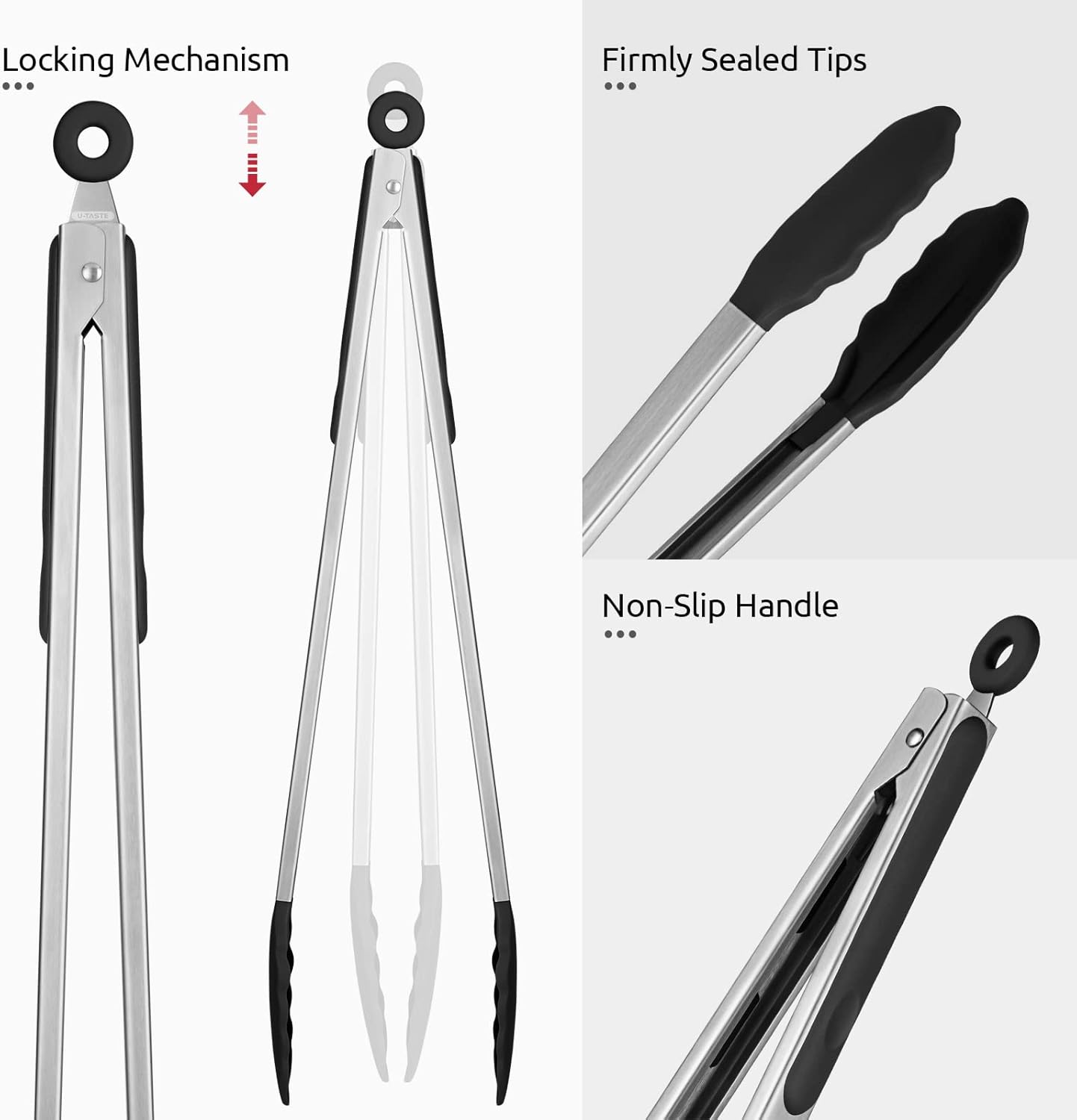 600ºF Heat Resistant Kitchen Tongs: U-Taste 16 inch Extra Long Large Silicone Cooking Tong with Sturdy Non Stick Rubber Tips & Non Slip Silicon Coated 18/8 Stainless Steel Handle for Grill BBQ (Black)