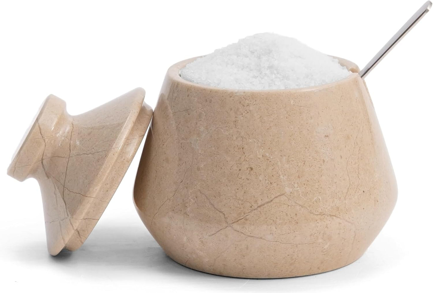 Marble Salt Cellar with Lid 3 Inch Verona Handmade Salt Box, Seasoning Container & Spice Jars with Spoon, Stone Salt Holder for Counter, Spice Jar