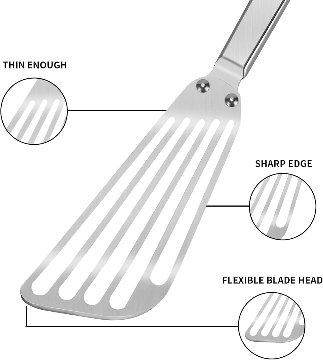 KSENDALO Flexible Fish Spatula Stainless Steel -Slotted Thin Egg Flipper with Riveted Handle, Angled Blade & Hollow Grip, Metal Turner for Cooking Fish Egg Pancakes (2 pack)