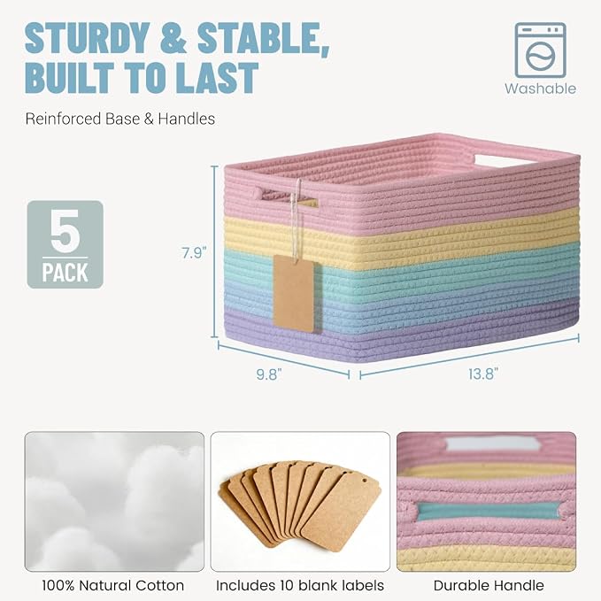 5 Pack Rainbow Woven Storage Baskets - Image 5