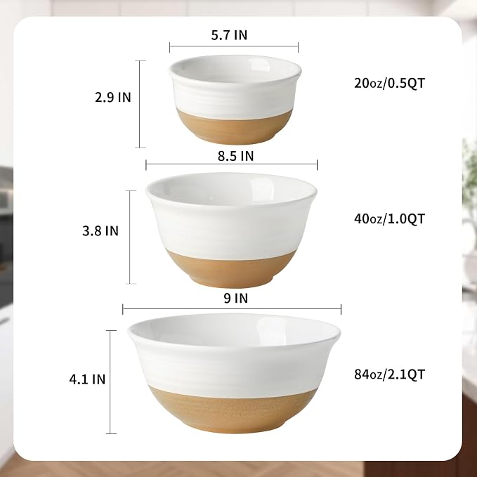 HASENSE Ceramic Mixing Bowls, Large Serving Salad Pasta Bowls Set, 2.1/1.0/0.5 - Image 3