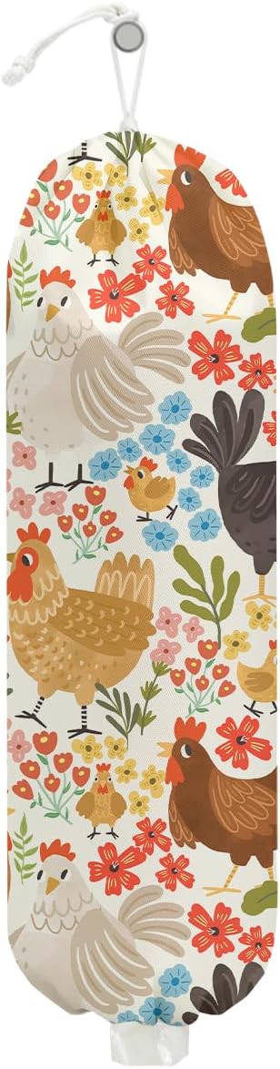 Chicken Plastic Bag Holder, Wall Mount Grocery Bag Holder, Plastic Storage bag, Pull Rope Free Adjustment, Plastic Bag Holders for Grocery Bags, Plastic Bag Dispenser for Home Kitchen