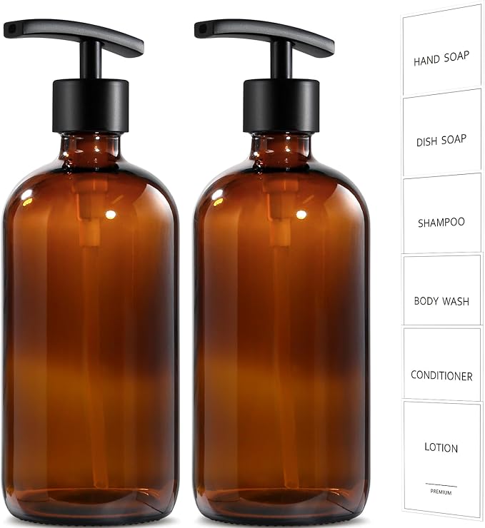 GMISUN Amber Glass Soap Dispenser, 2 Pack Bathroom Hand Soap Dispensers by GMISUN