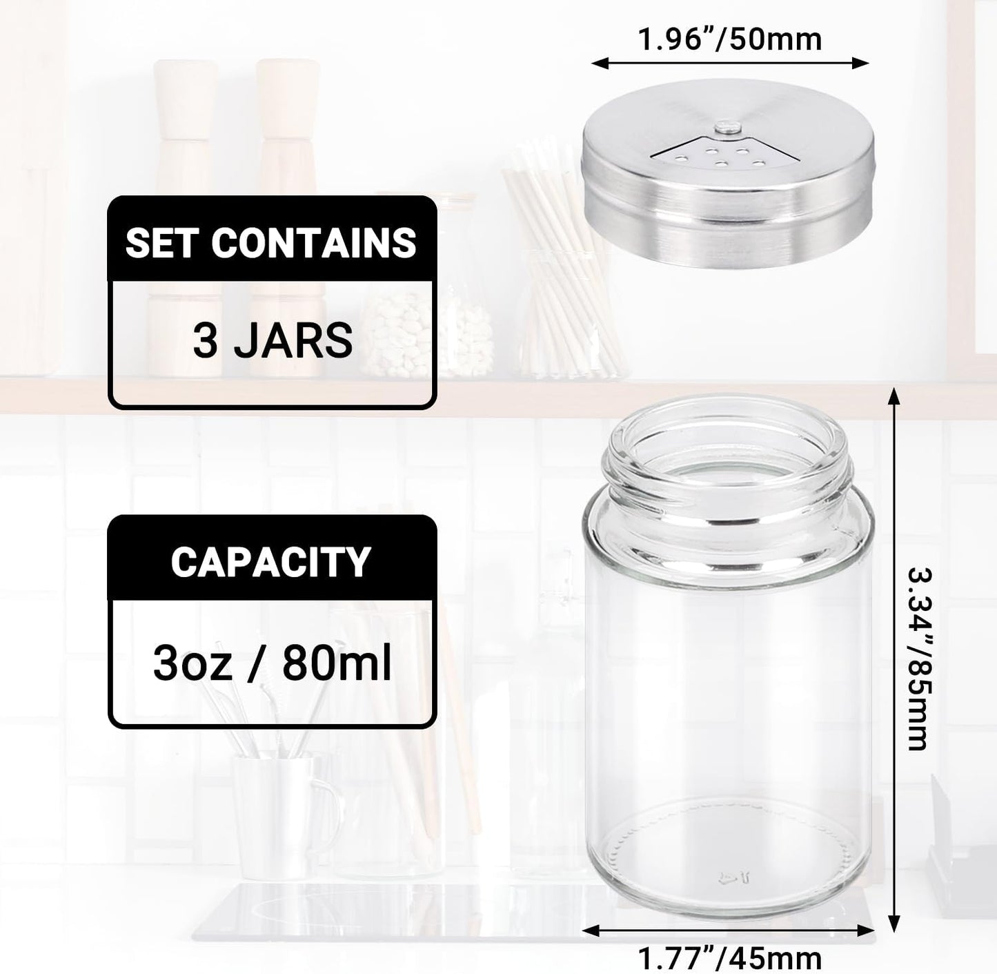 Segarty Spice Jars, 3 Pack 3 oz Spice Bottles with Shaker Lids, Glass Empty Seasoning Containers with Adjustable Pour Holes for Kitchen Spice Storage Stainless Steel Flow Top Salt and Pepper Shakers