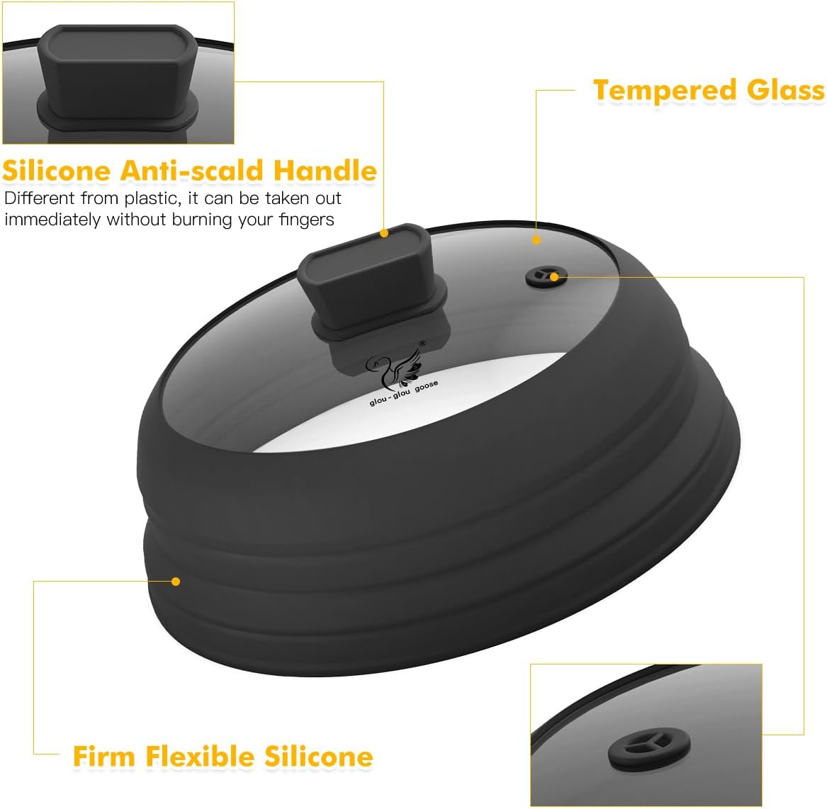 Microwave Splatter Cover Glass Splatter Guard Lid with Collapsible Silicone for Food Pot Cover Plate Cover 10.8 inch Black