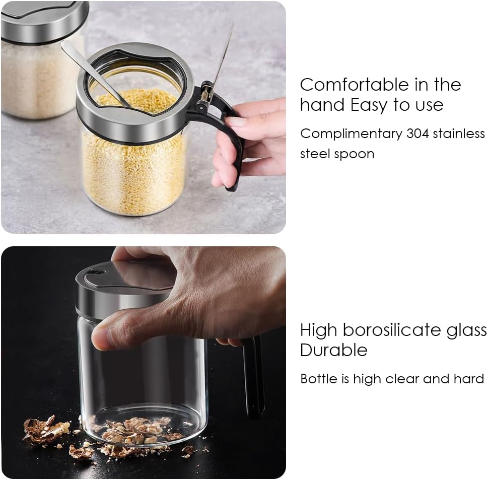 TINMIX Revolving Condiment Pots Sugar Bowl Salt & Pepper Cellar with Lid and Spoon, Set of 4 Seasoning Box Spice Jar with 360 Rotating Tray for Kitchen, 3 Pots+1 Oil Dispenser